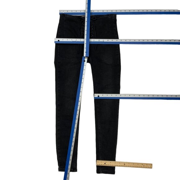 Free People Lace up Skinny Jeans 24 Distressed Black Cropped Retro Bohemian - Picture 4 of 11